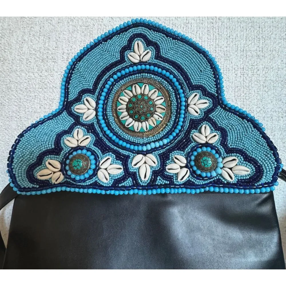 Shoulder Handbag Black with‎ Beaded Art Blue Turquoise Beads Sea Shells Design